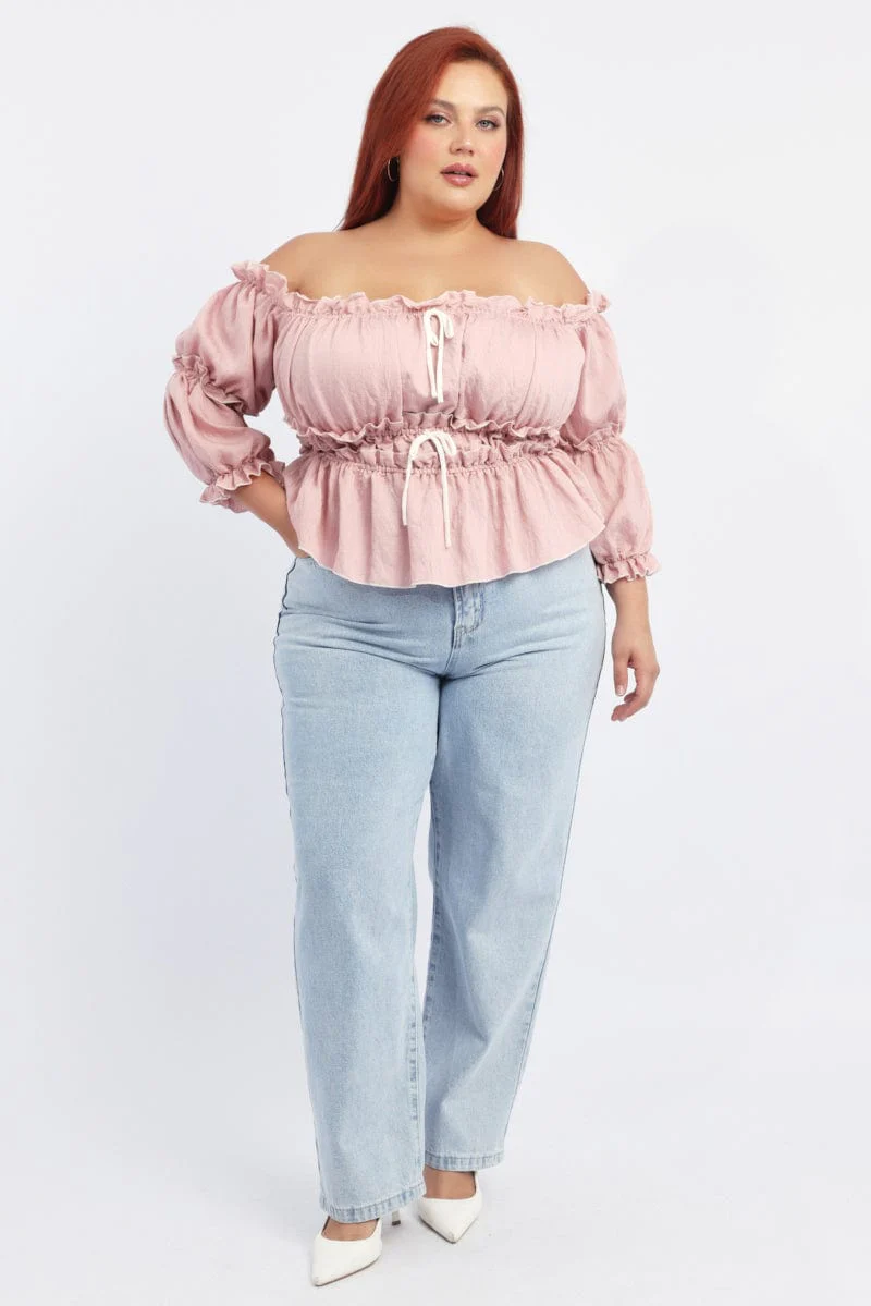 Pink Crop Top Off Shoulder 3/4 Sleeve Contrast Bow - Image 2