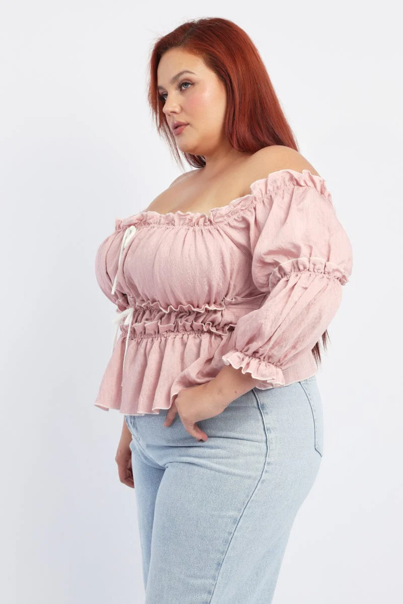 Pink Crop Top Off Shoulder 3/4 Sleeve Contrast Bow - Image 3