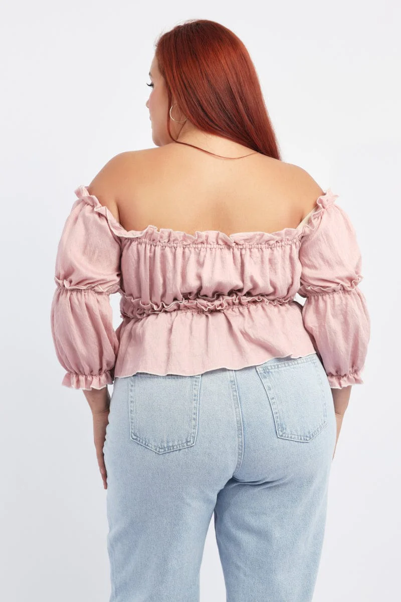 Pink Crop Top Off Shoulder 3/4 Sleeve Contrast Bow - Image 4