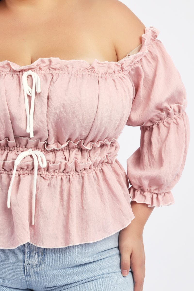 Pink Crop Top Off Shoulder 3/4 Sleeve Contrast Bow - Image 5