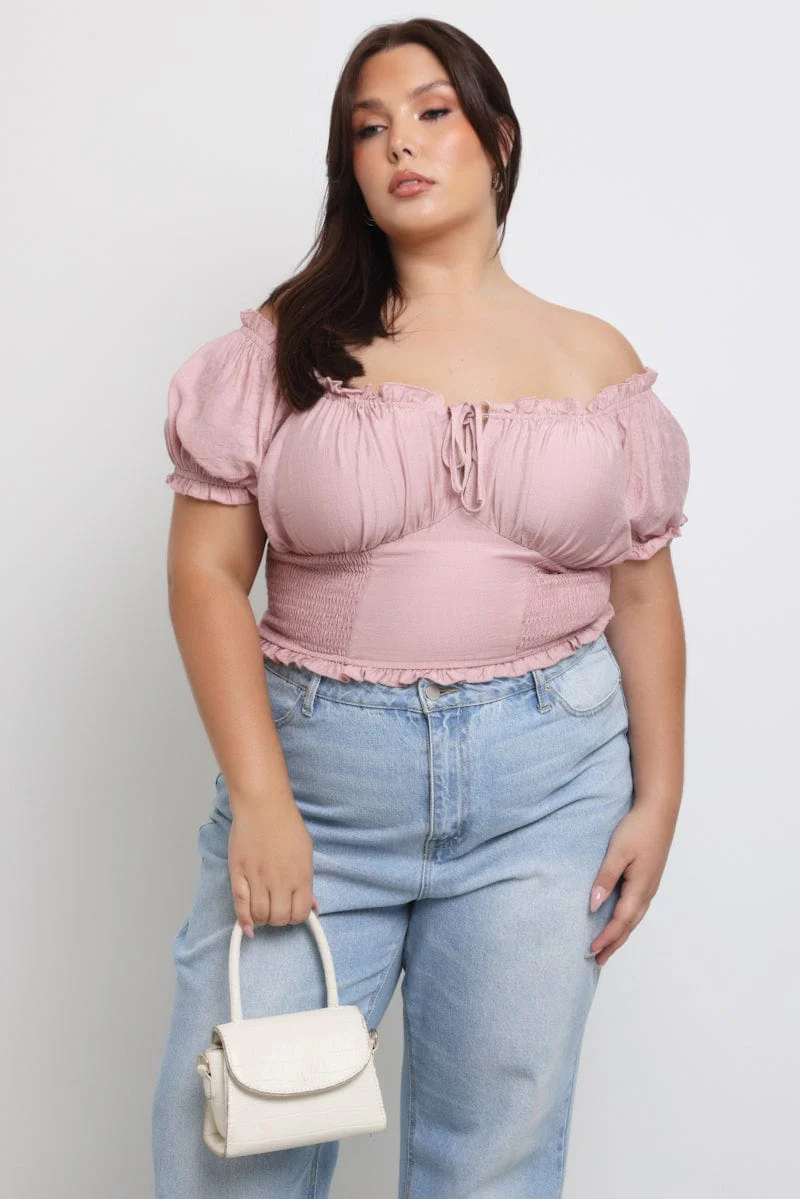 Pink Crop Top Short Sleeve Ruched Bust Shirred Waist