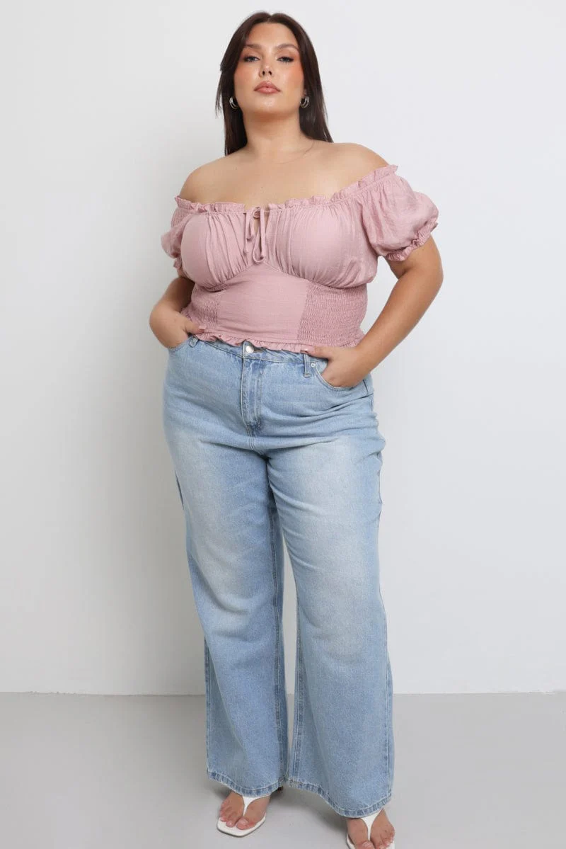 Pink Crop Top Short Sleeve Ruched Bust Shirred Waist - Image 2