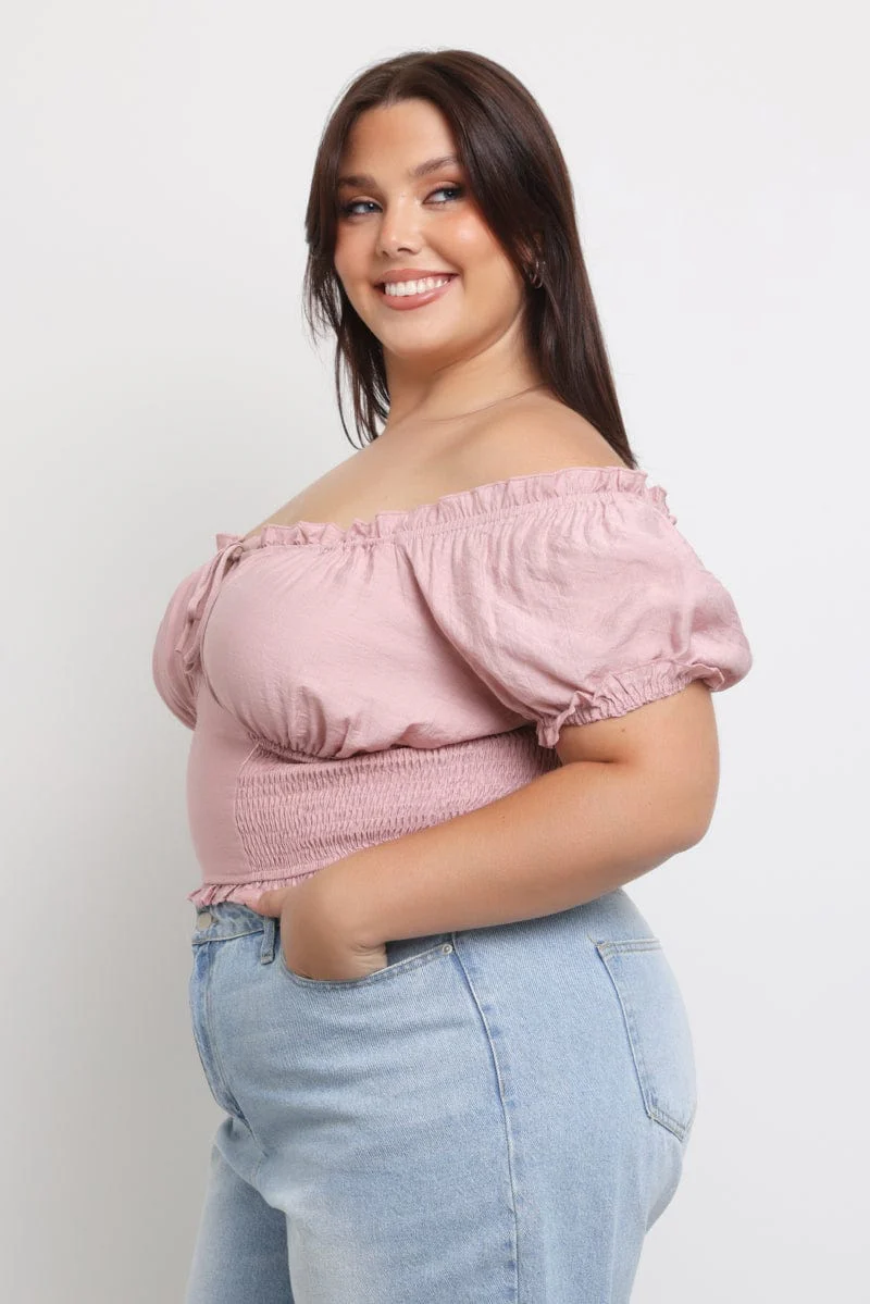 Pink Crop Top Short Sleeve Ruched Bust Shirred Waist - Image 3