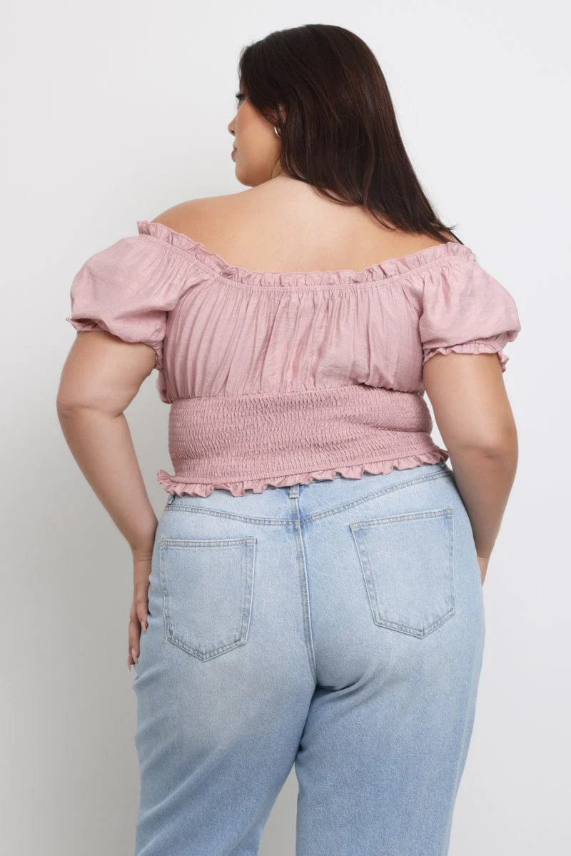 Pink Crop Top Short Sleeve Ruched Bust Shirred Waist - Image 4