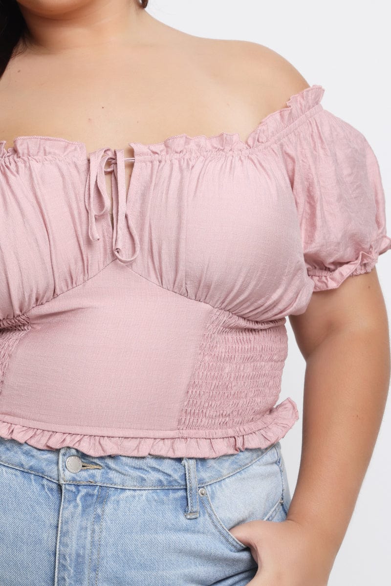 Pink Crop Top Short Sleeve Ruched Bust Shirred Waist - Image 5