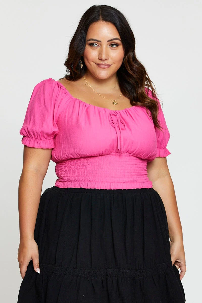Pink Crop Top Short Sleeve Shirred