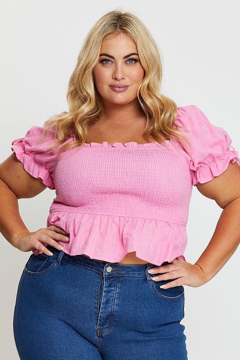 Pink Crop Top Short Sleeve Tie Front - Image 3