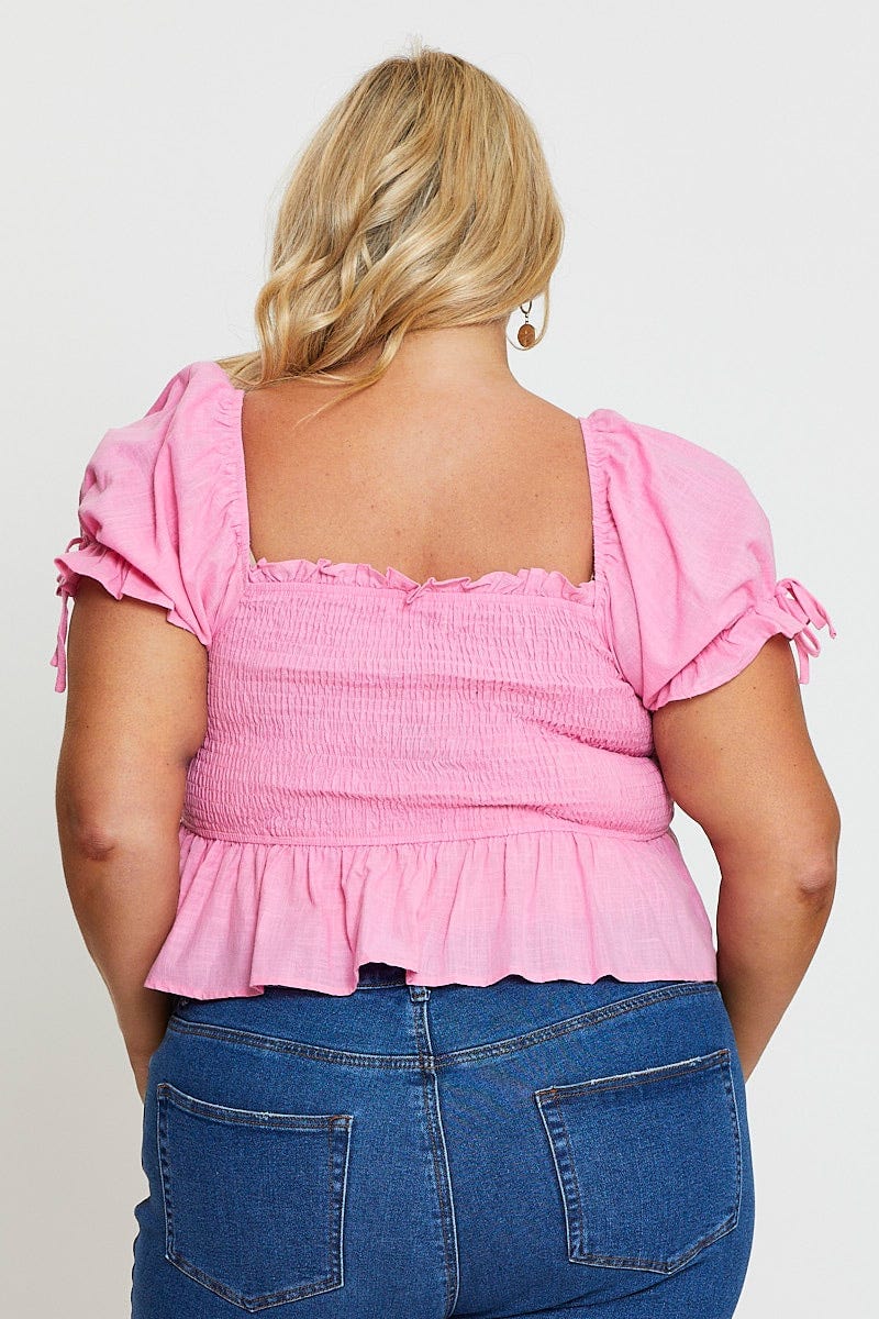 Pink Crop Top Short Sleeve Tie Front - Image 5