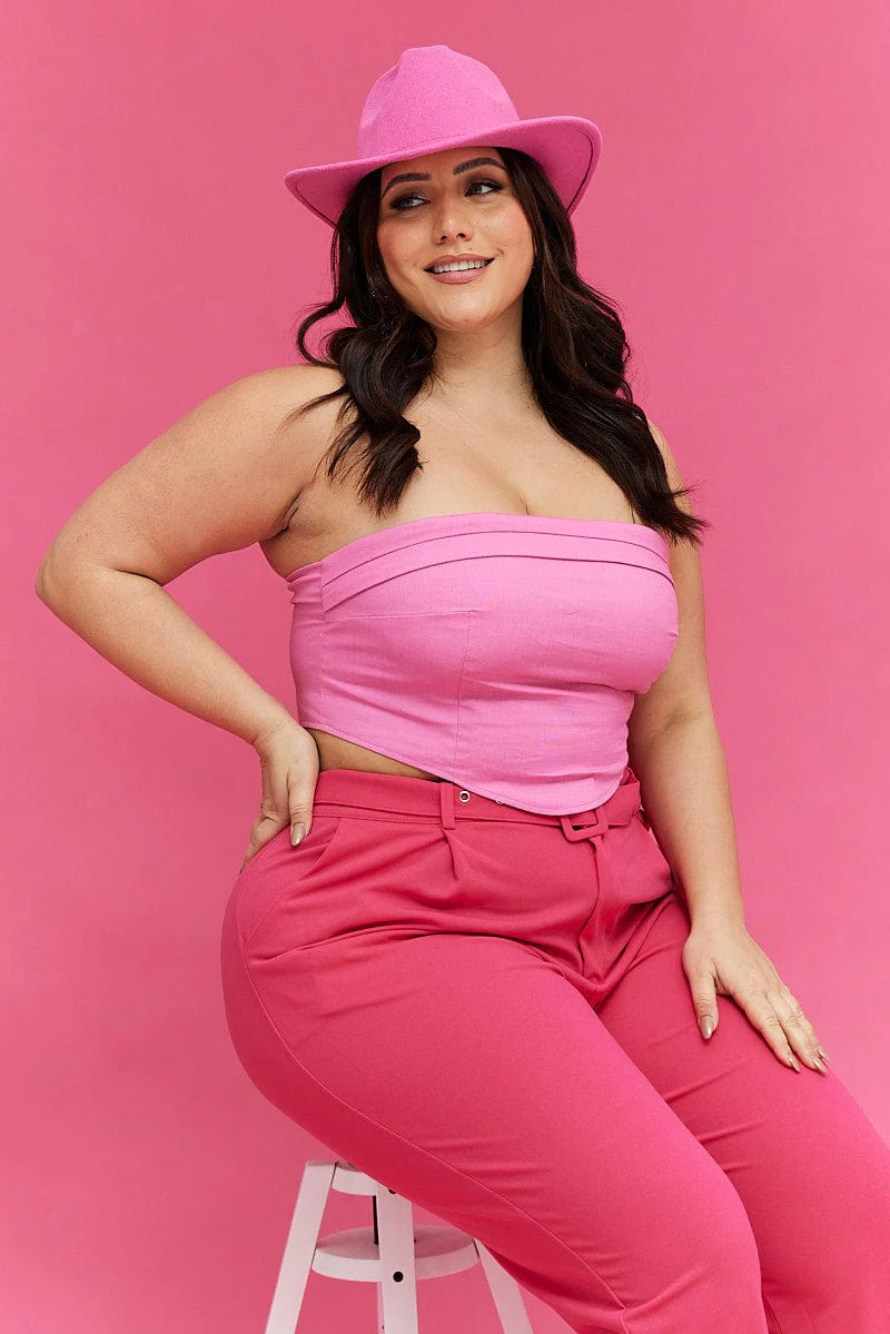 Pink Crop Top Strapless Linen Blend