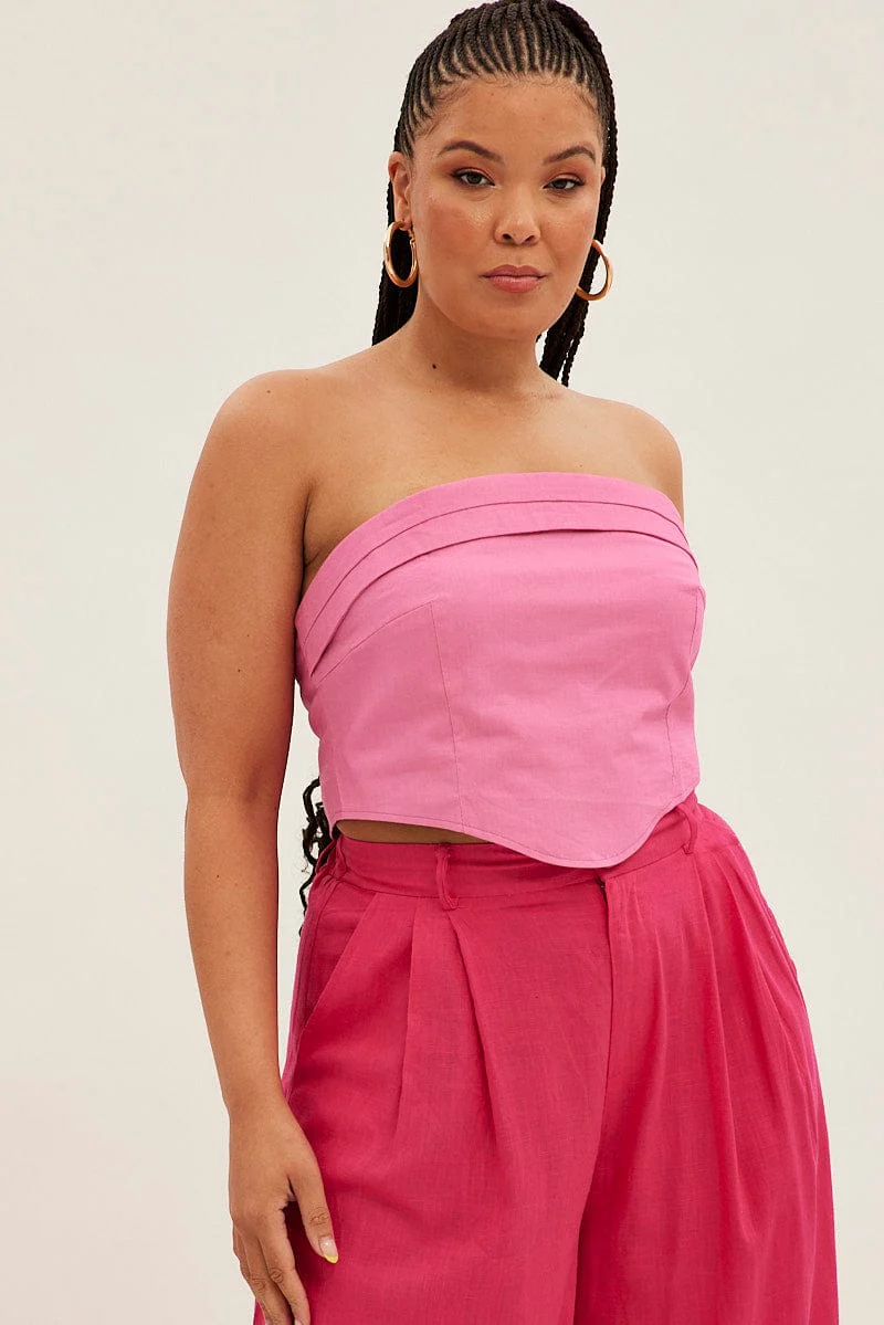 Pink Crop Top Strapless Linen Blend - Image 4