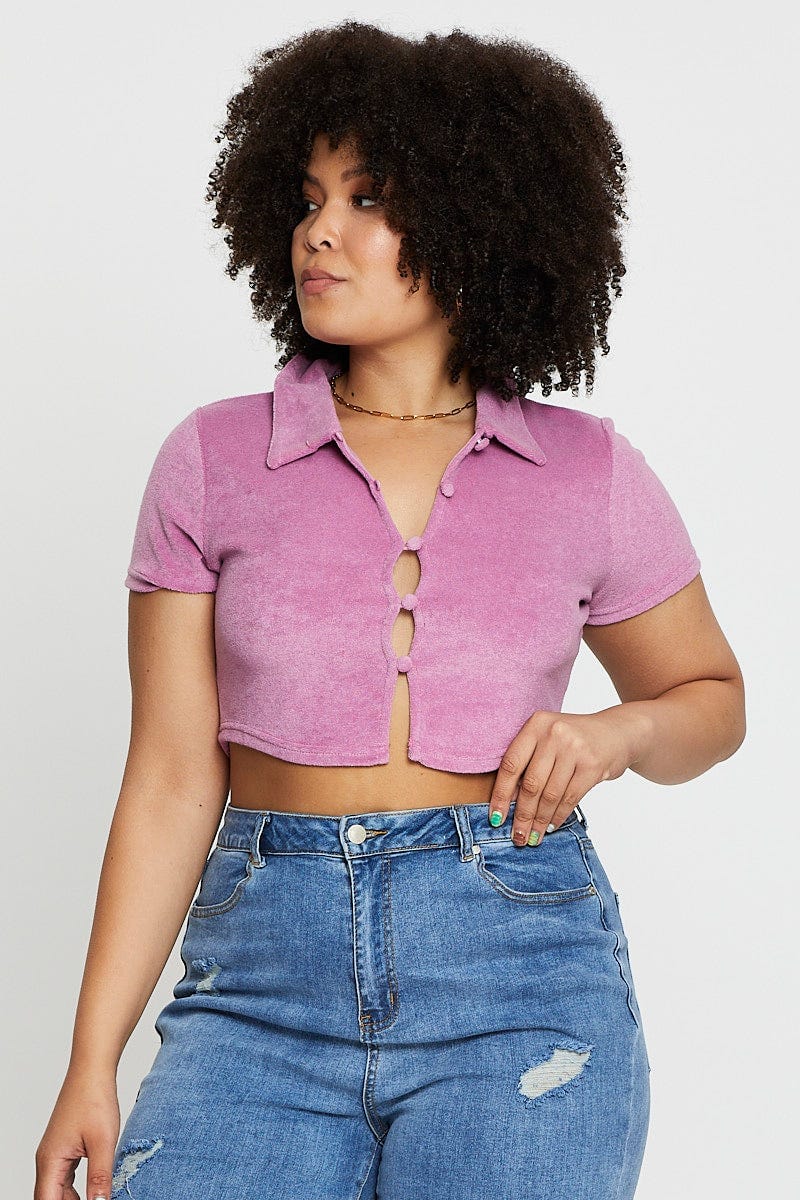Pink Crop Top Terry Short Sleeve Button Front