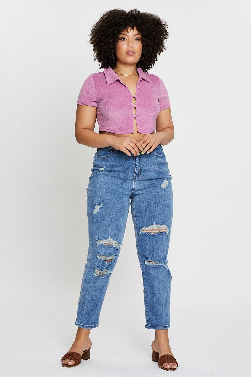 Pink Crop Top Terry Short Sleeve Button Front - Image 2