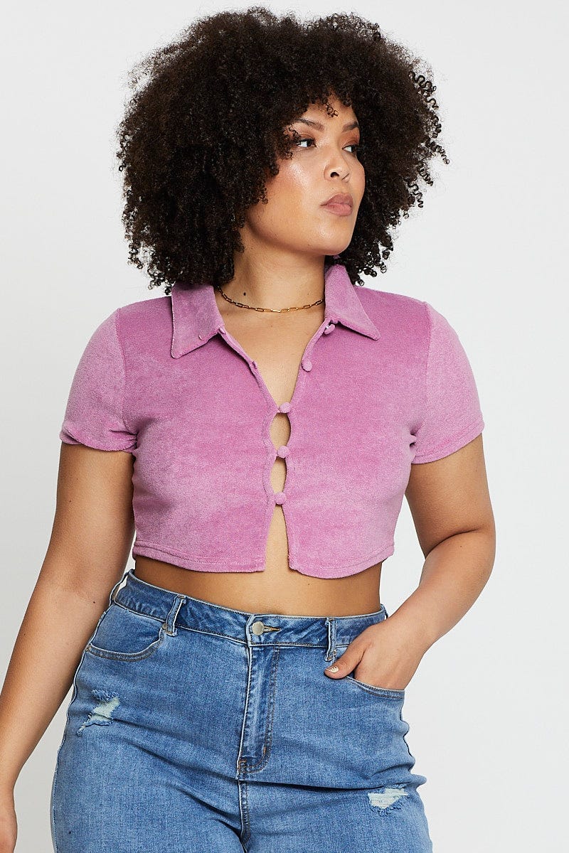 Pink Crop Top Terry Short Sleeve Button Front - Image 3