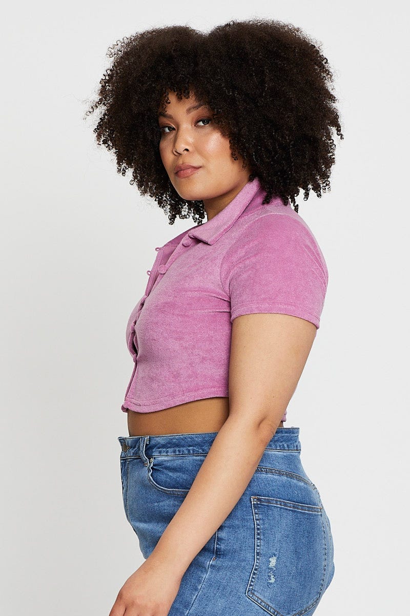 Pink Crop Top Terry Short Sleeve Button Front - Image 4