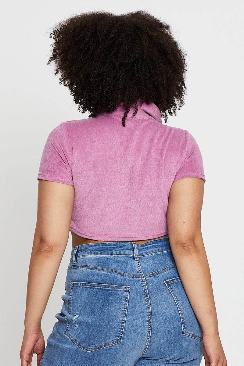 Pink Crop Top Terry Short Sleeve Button Front - Image 5