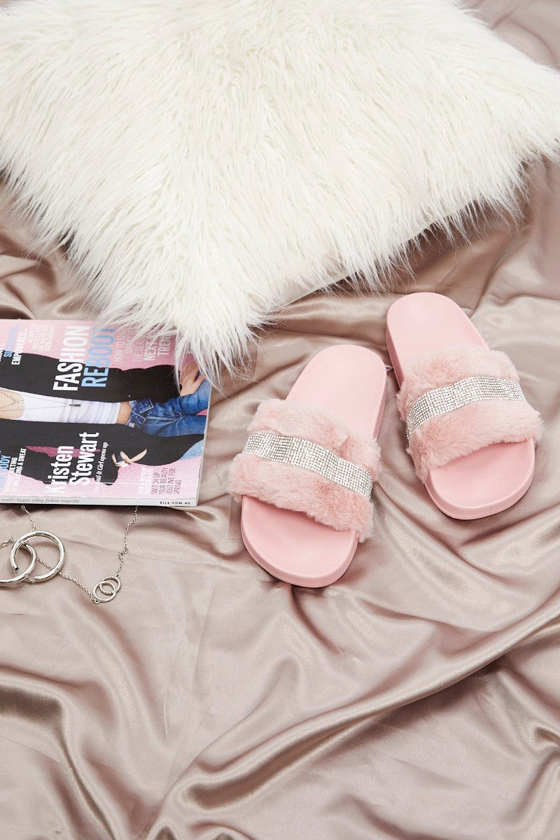 Pink Diamante Faux Fur Fluffy Slides