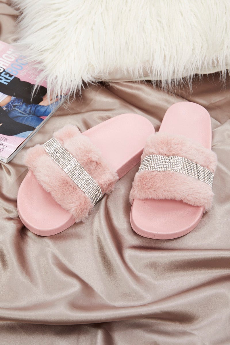 Pink Diamante Faux Fur Fluffy Slides - Image 2