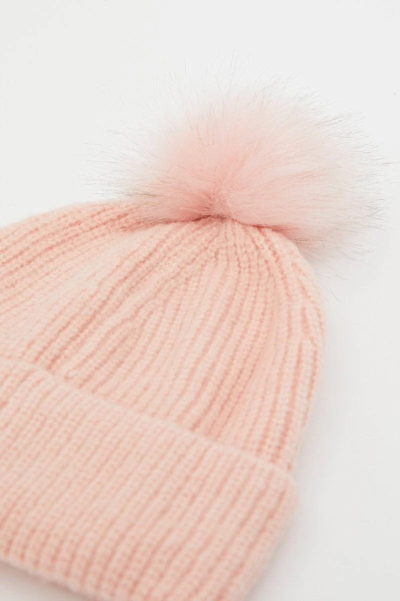 Pink Faux Fur Pom Pom Beanie - Image 2