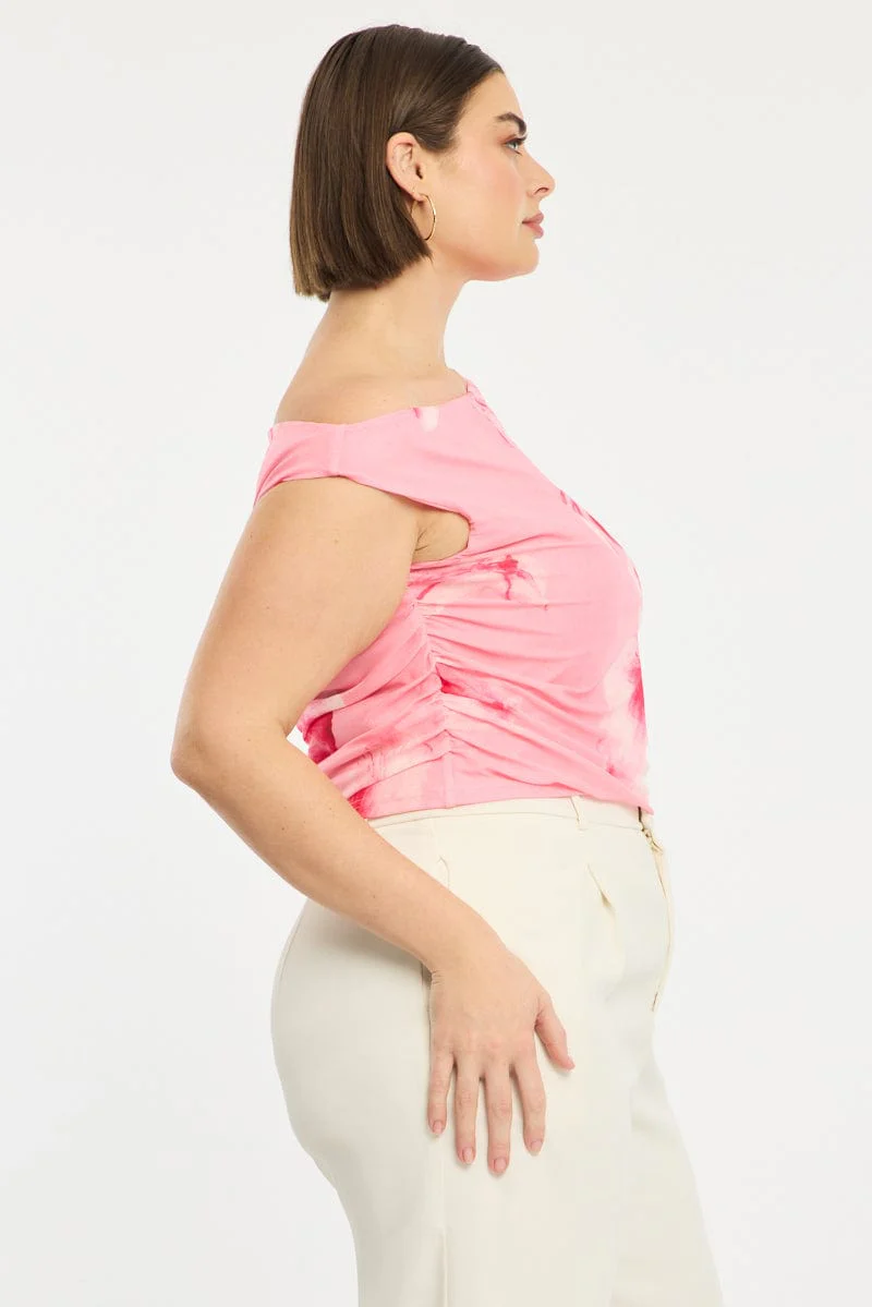 Pink Floral Asymmetric Top Short Sleeve Mesh - Image 3