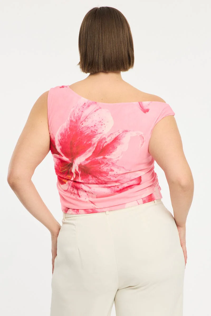 Pink Floral Asymmetric Top Short Sleeve Mesh - Image 4