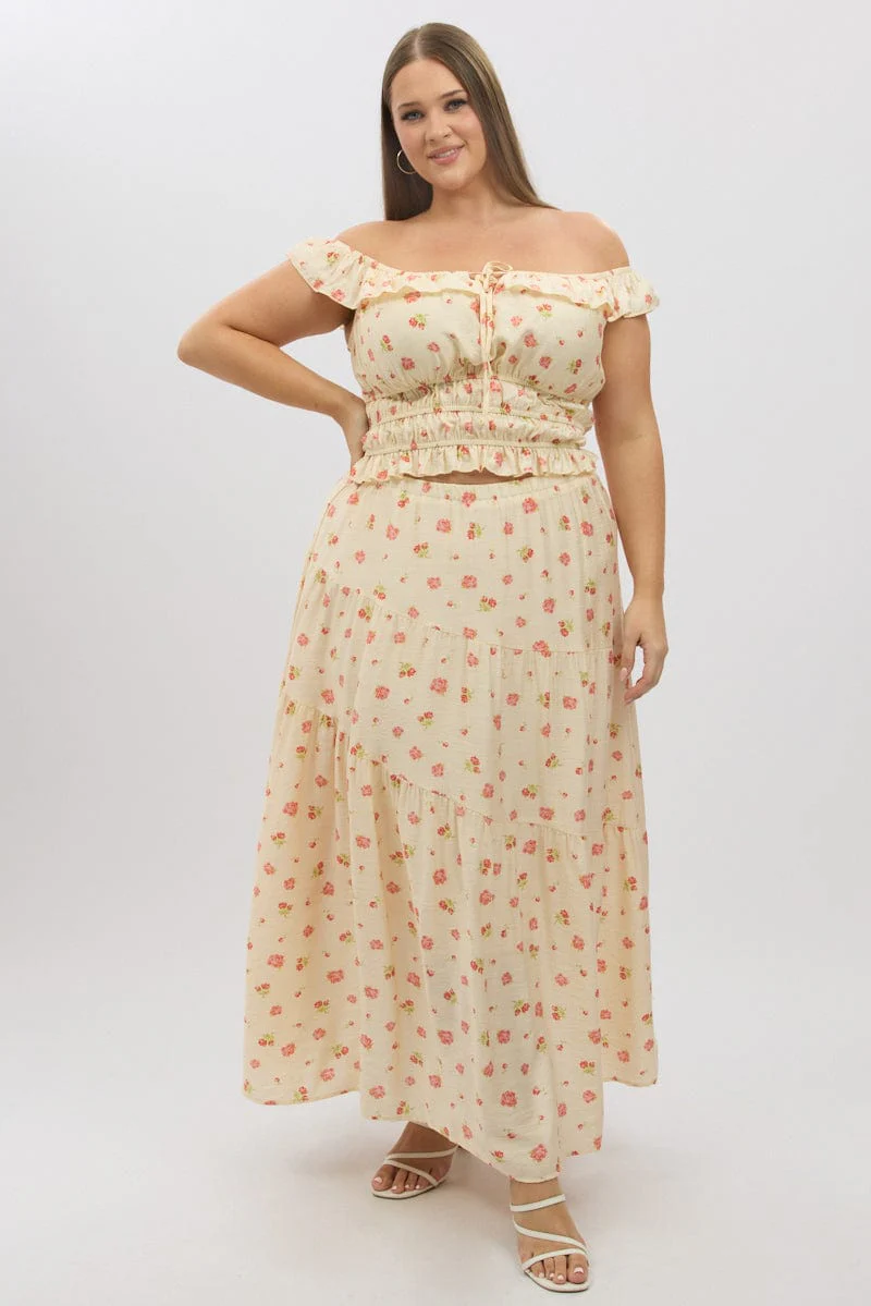 Pink Floral Crop Top Off Shoulder - Image 3