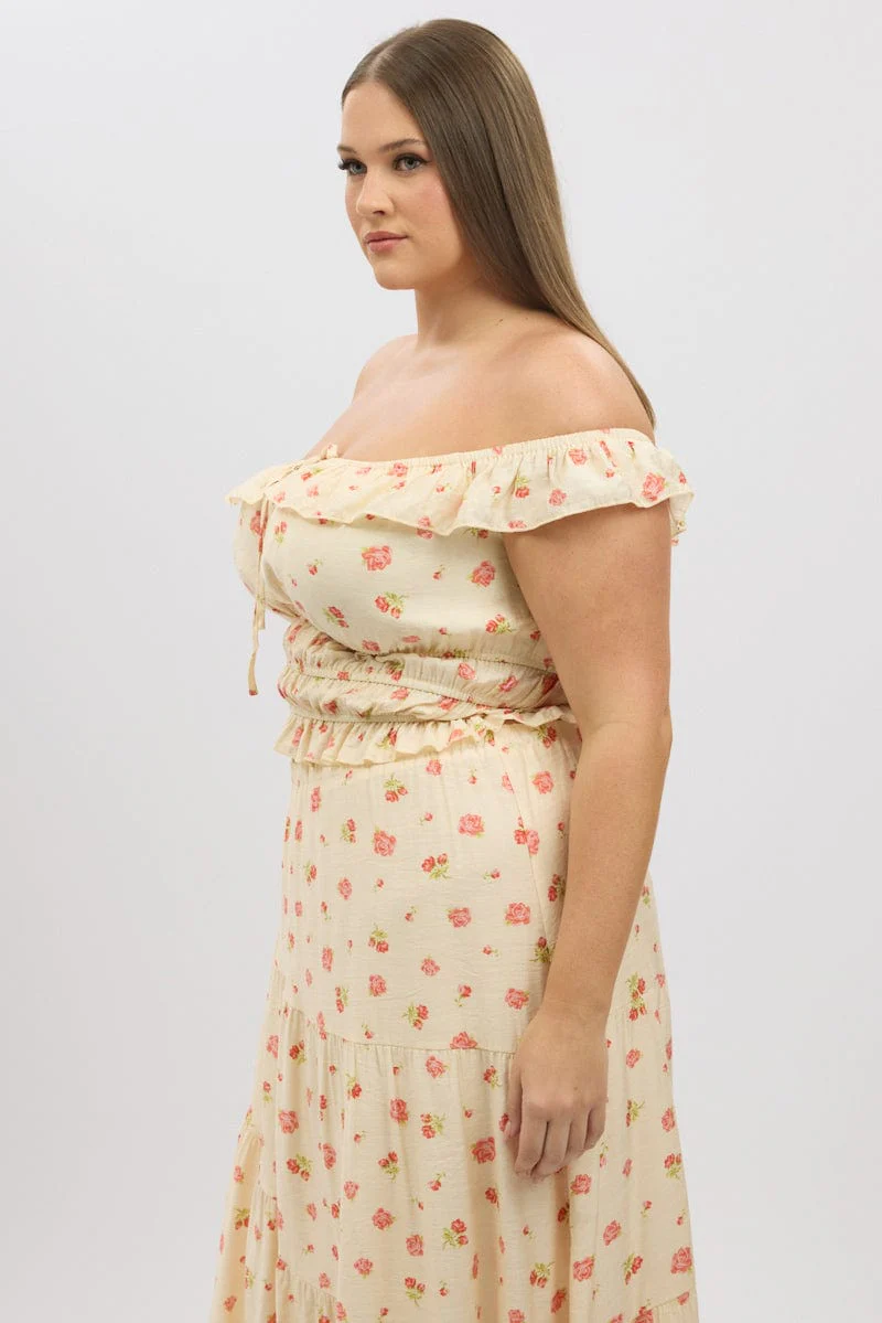 Pink Floral Crop Top Off Shoulder - Image 4