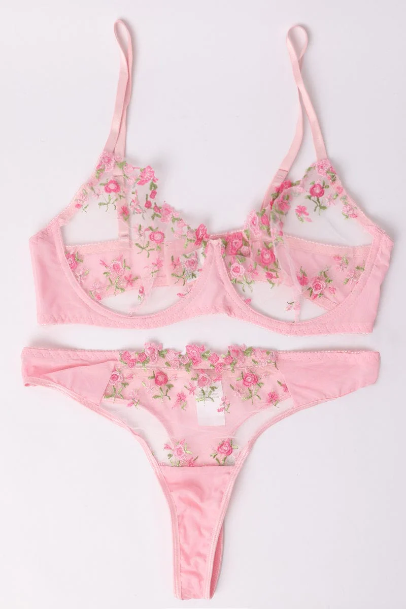 Pink Floral Embroidery Lingerie Set