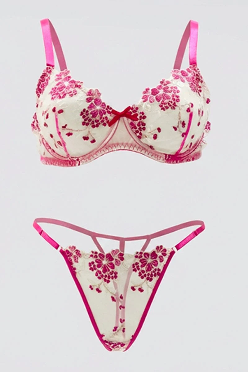 Pink Floral Embroidery Lingerie Set