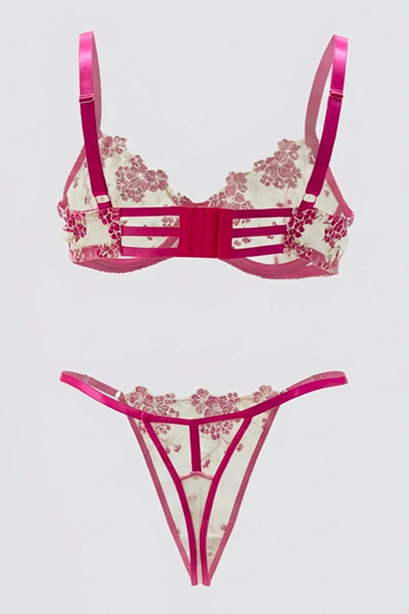 Pink Floral Embroidery Lingerie Set - Image 2