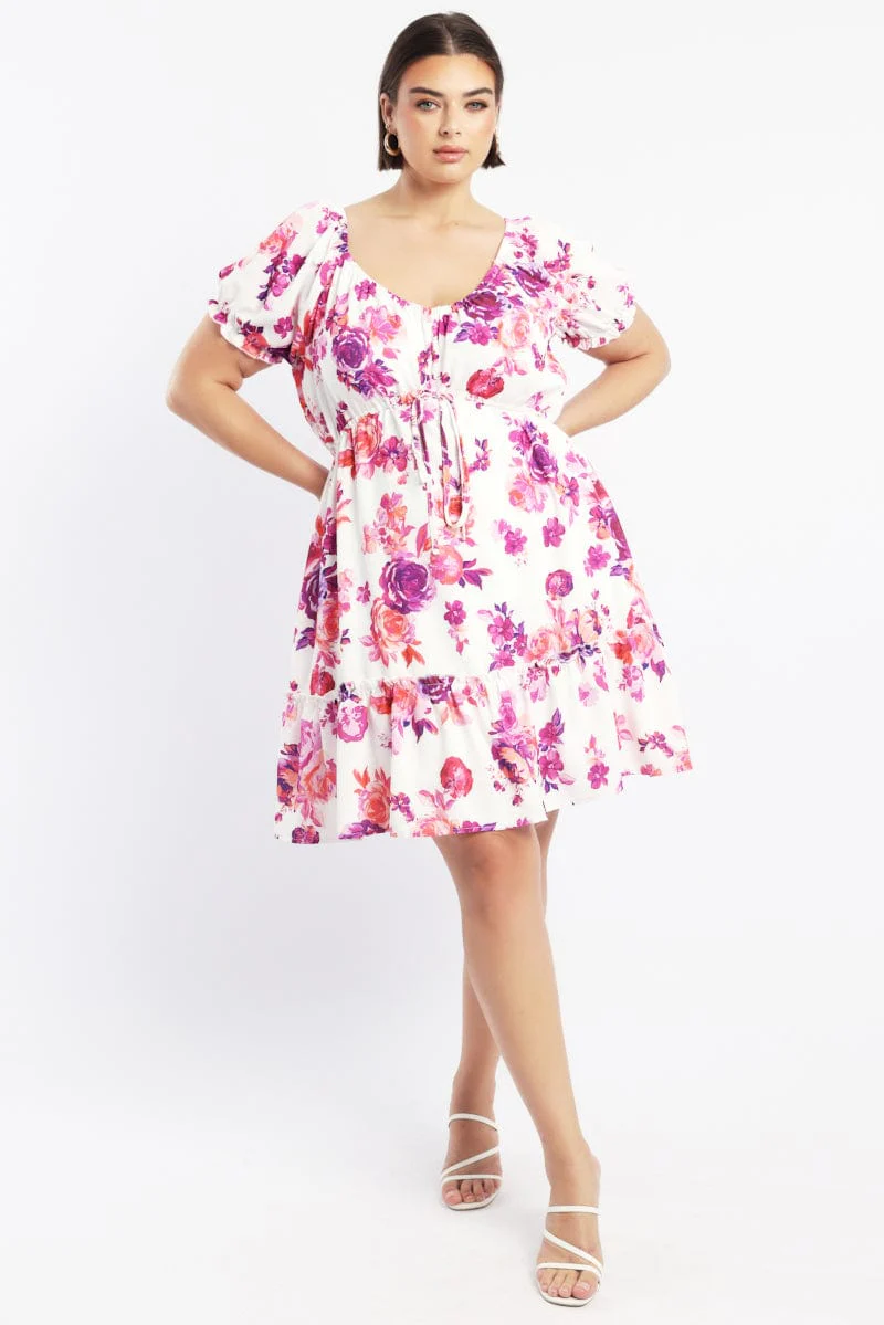 Pink Floral Frill Drawstring Bust Detail Mini Dress - Image 2