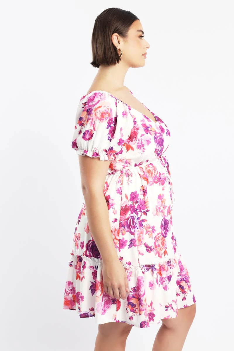 Pink Floral Frill Drawstring Bust Detail Mini Dress - Image 3