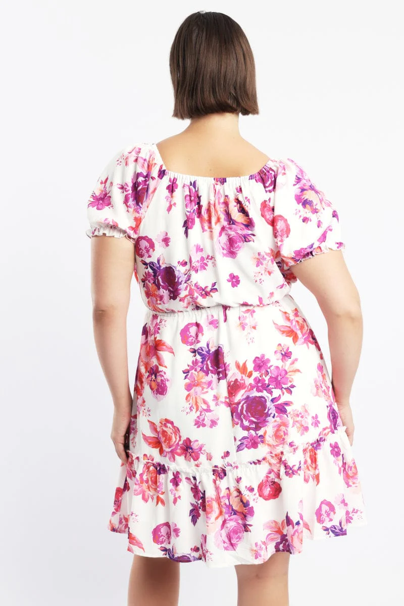Pink Floral Frill Drawstring Bust Detail Mini Dress - Image 4