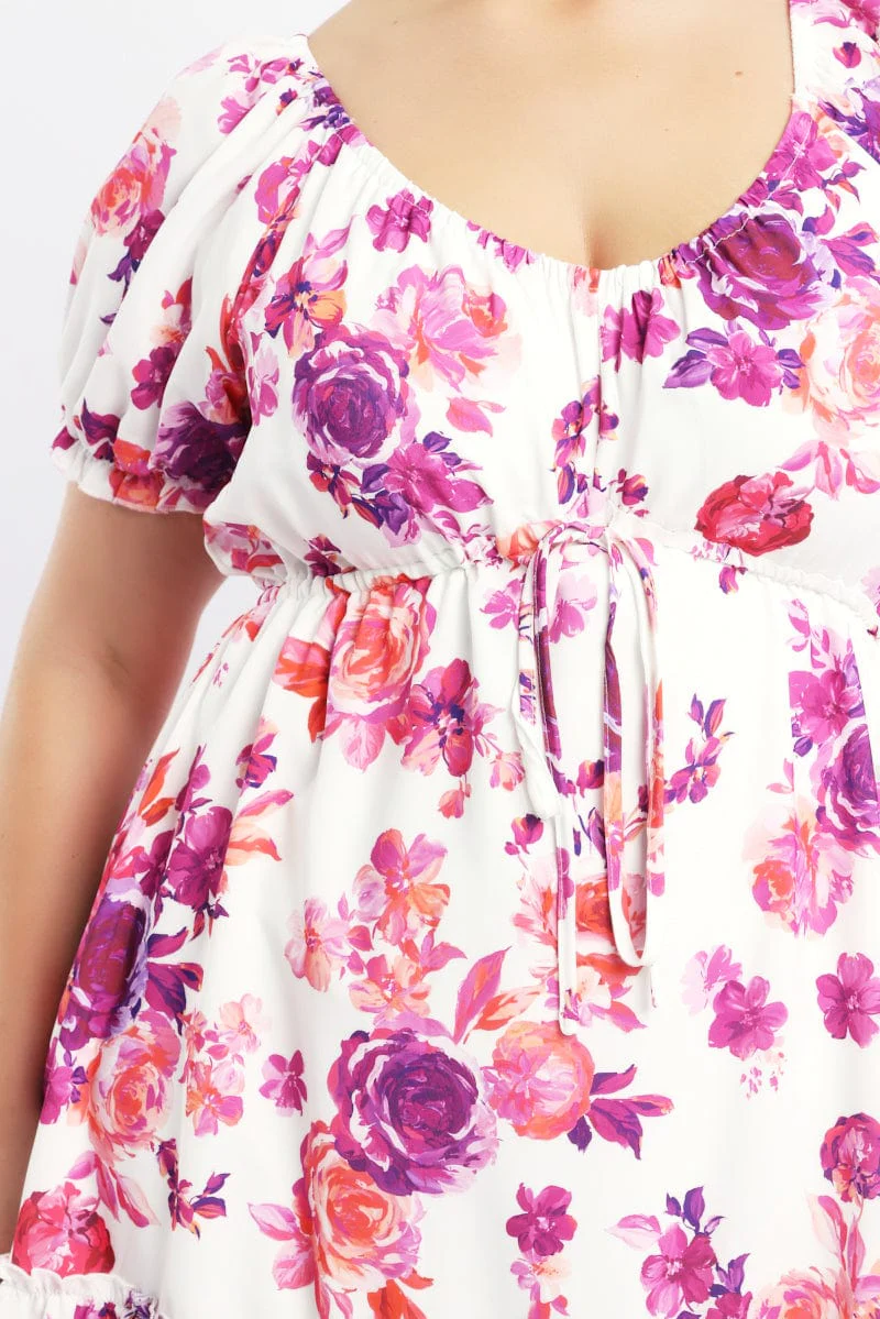 Pink Floral Frill Drawstring Bust Detail Mini Dress - Image 5