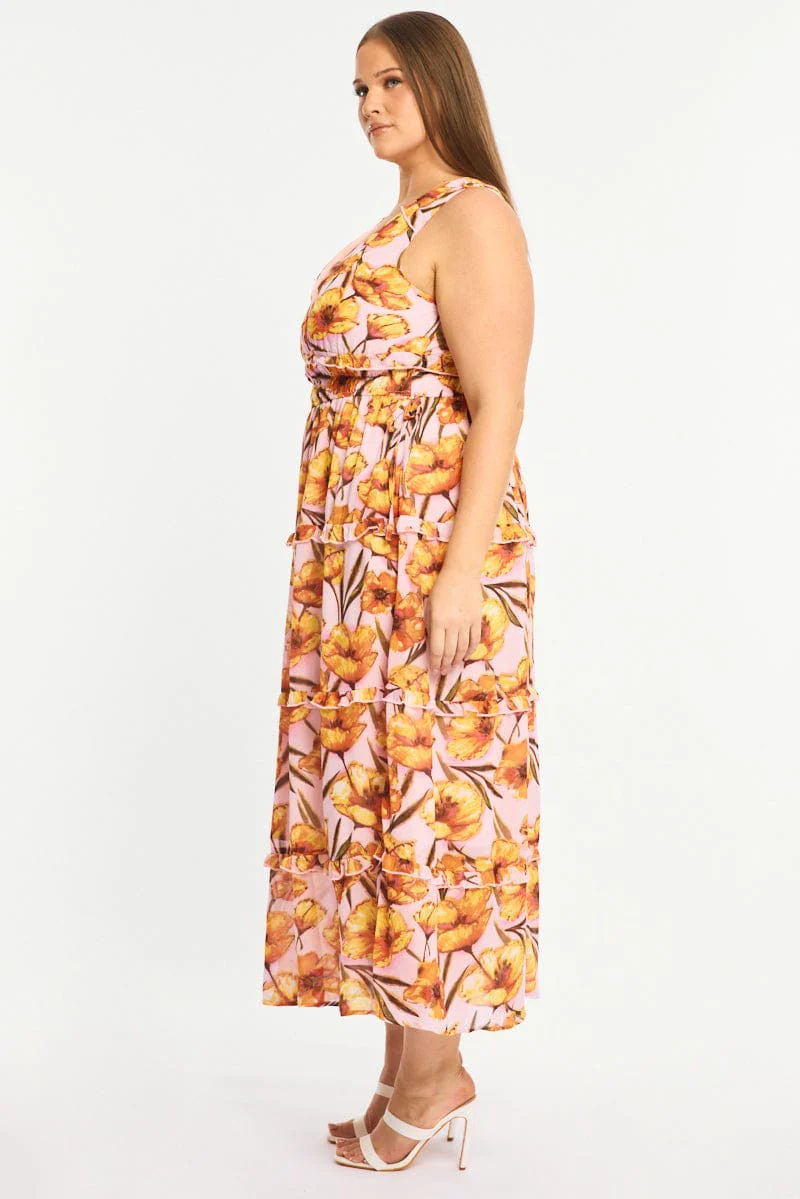 Pink Floral Maxi Dress Sleeveless Tiered - Image 3