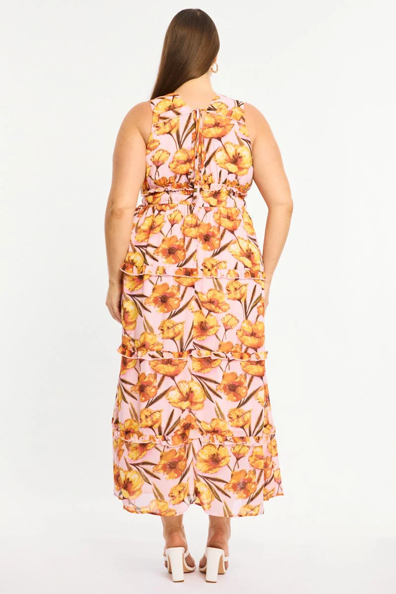 Pink Floral Maxi Dress Sleeveless Tiered - Image 4