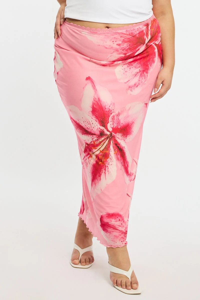 Pink Floral Maxi Skirt Mesh - Image 6