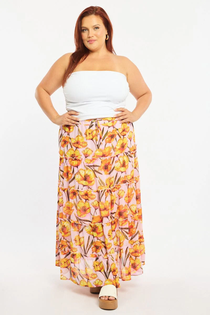 Pink Floral Maxi Skirt Tiered