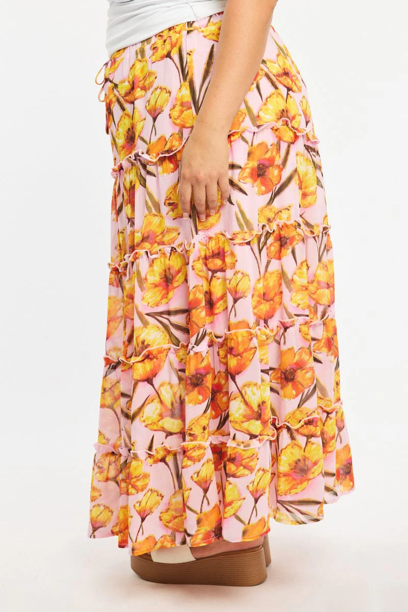 Pink Floral Maxi Skirt Tiered - Image 3