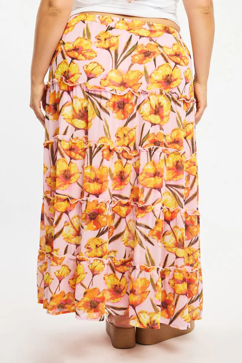 Pink Floral Maxi Skirt Tiered - Image 4