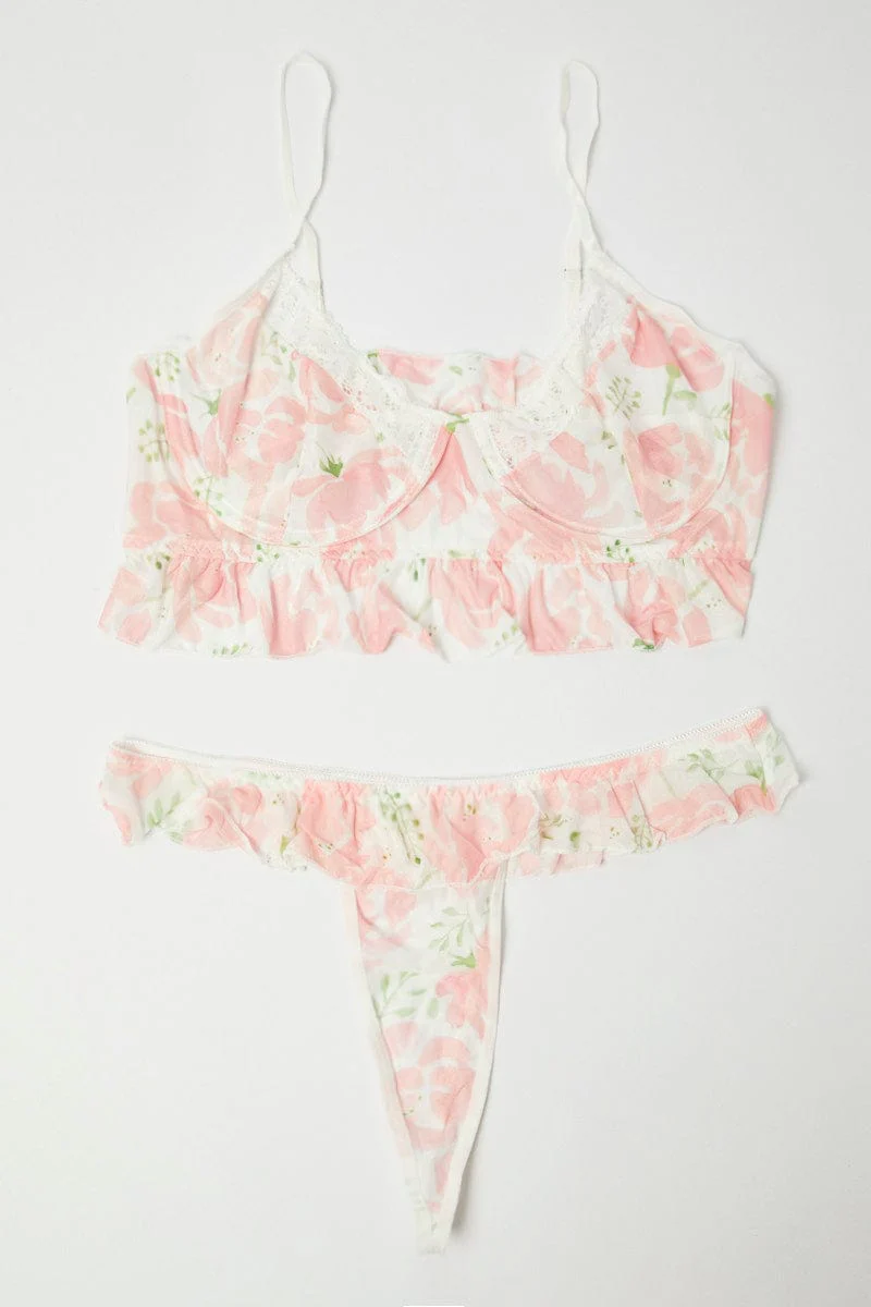 Pink Floral Mesh Lingerie Set
