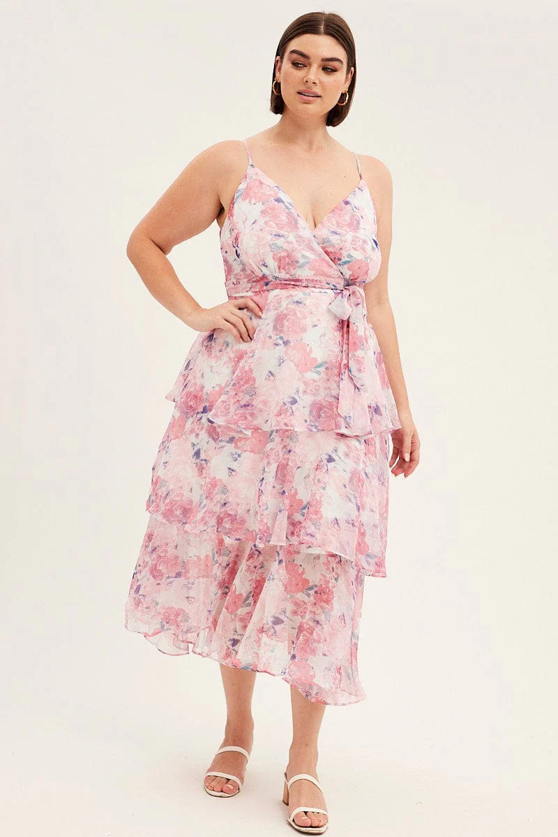 Pink Floral Midi Dress Shoestring Frill Chiffon Print - Image 3