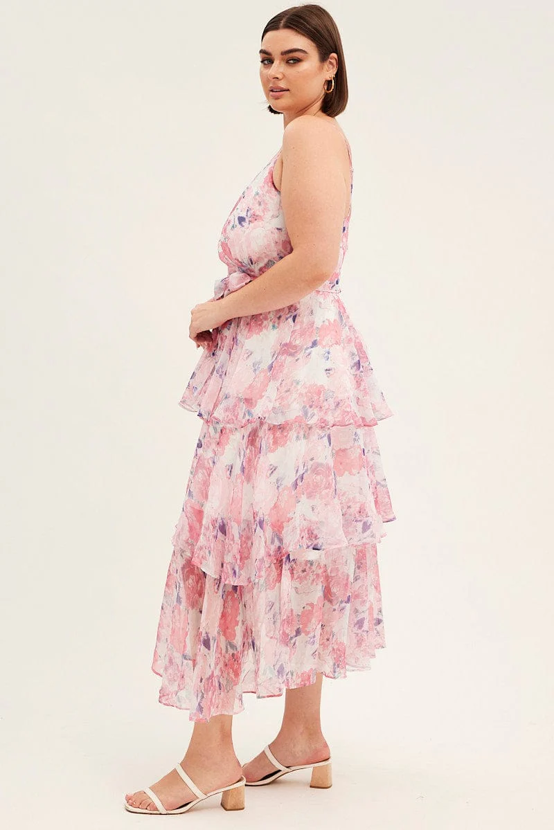 Pink Floral Midi Dress Shoestring Frill Chiffon Print - Image 4