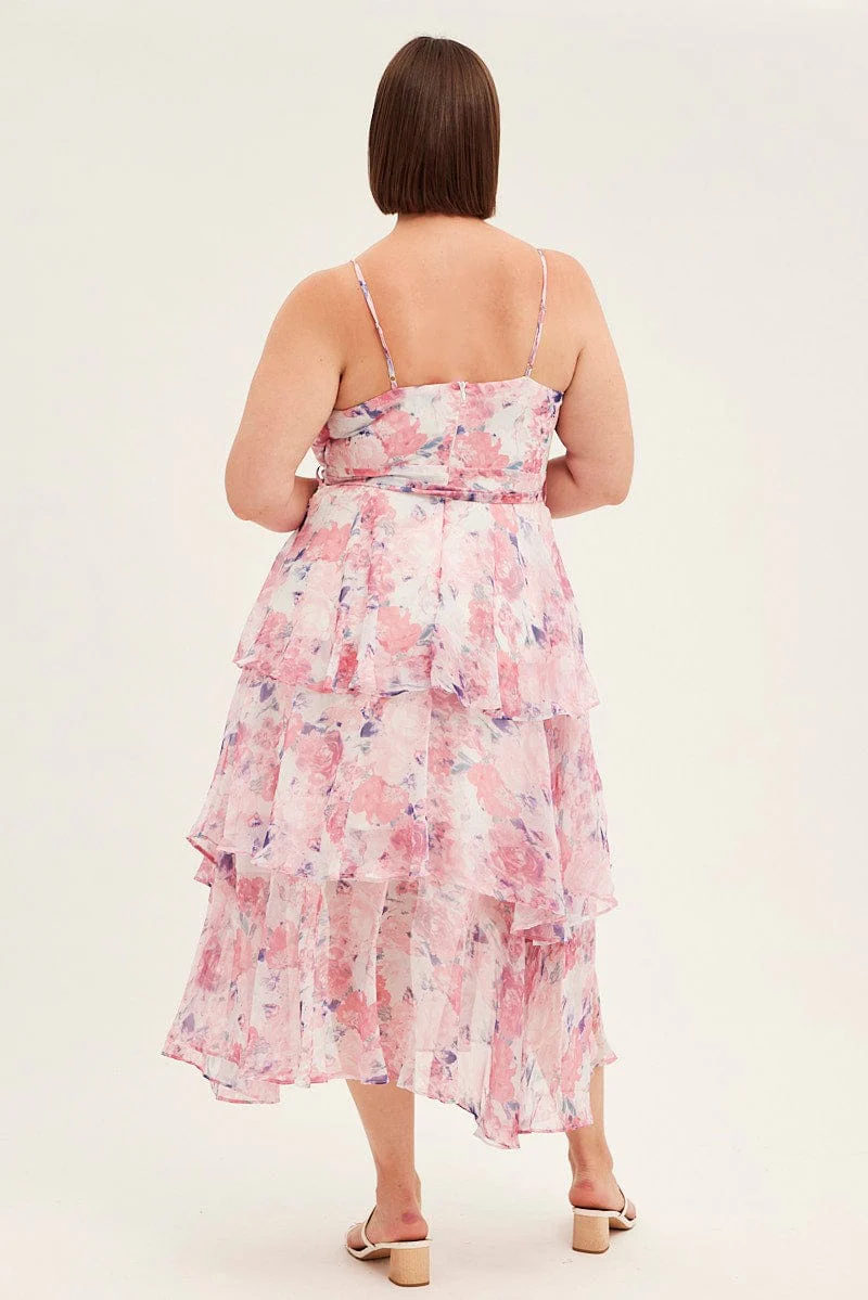 Pink Floral Midi Dress Shoestring Frill Chiffon Print - Image 5