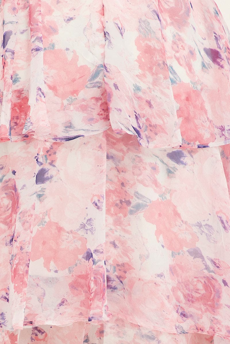 Pink Floral Midi Dress Shoestring Frill Chiffon Print - Image 6