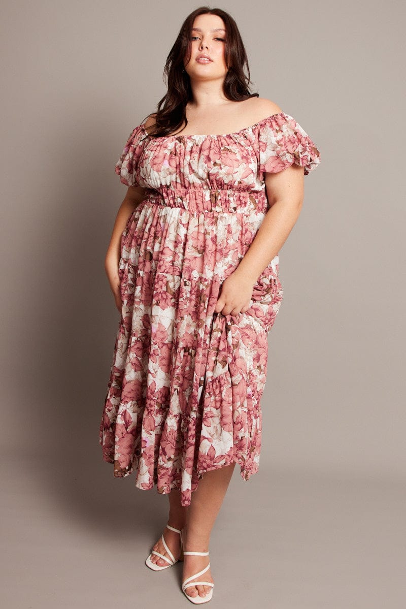 Pink Floral Midi Dress Short Sleeve Ruched - Image 2