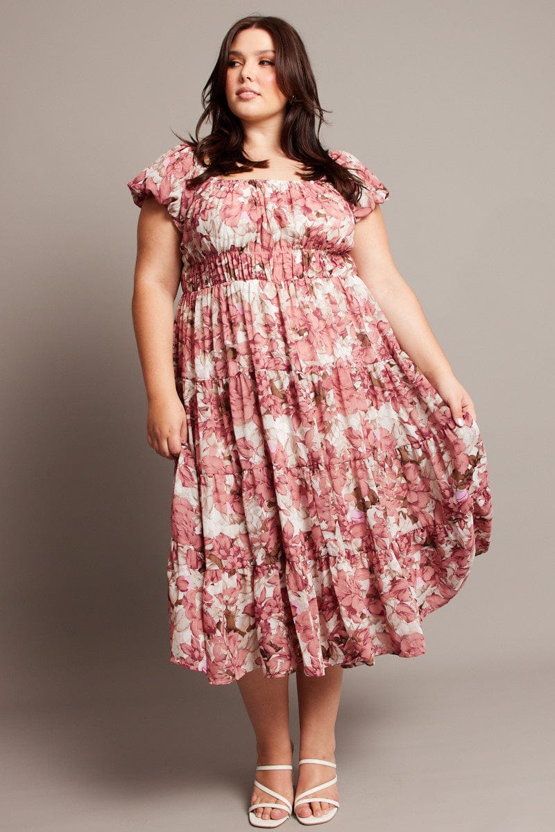 Pink Floral Midi Dress Short Sleeve Ruched - Image 3