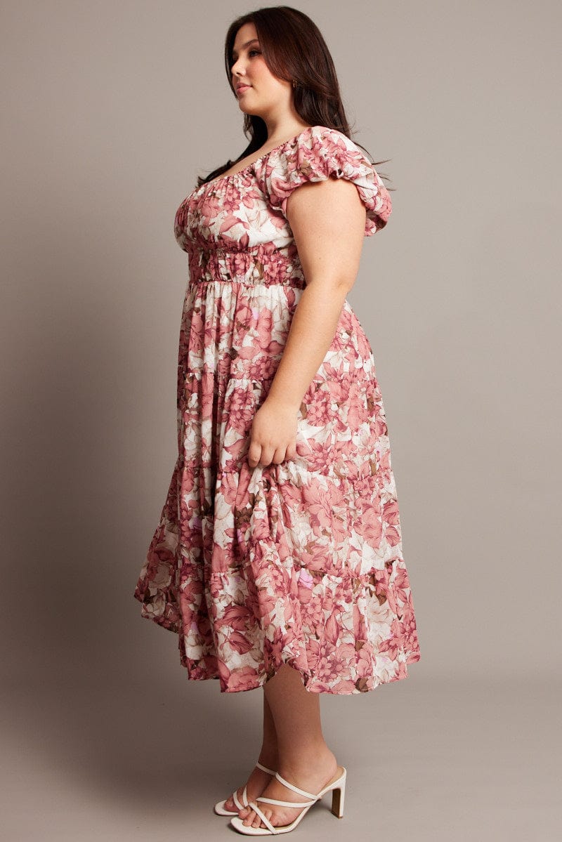 Pink Floral Midi Dress Short Sleeve Ruched - Image 4