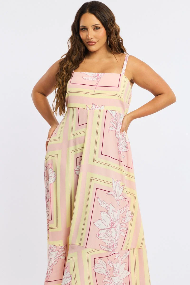 Pink Floral Midi Dress Sleeveless - Image 2