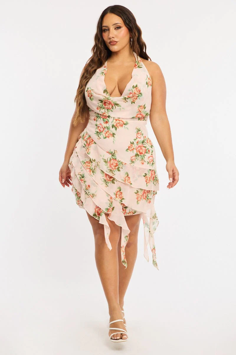 Pink Floral Ruffle Mini Dress Cowl Neck Sleeveless - Image 2