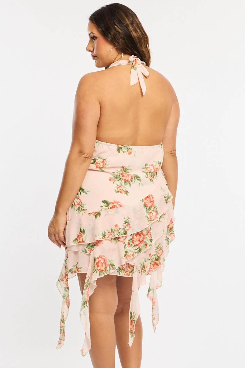 Pink Floral Ruffle Mini Dress Cowl Neck Sleeveless - Image 4